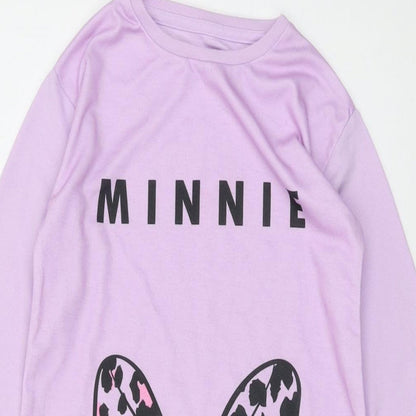 Close-up detail of Disney girls’ purple polyester basic t-shirt, size 4-5, years crew neck pullover - minnie mouse