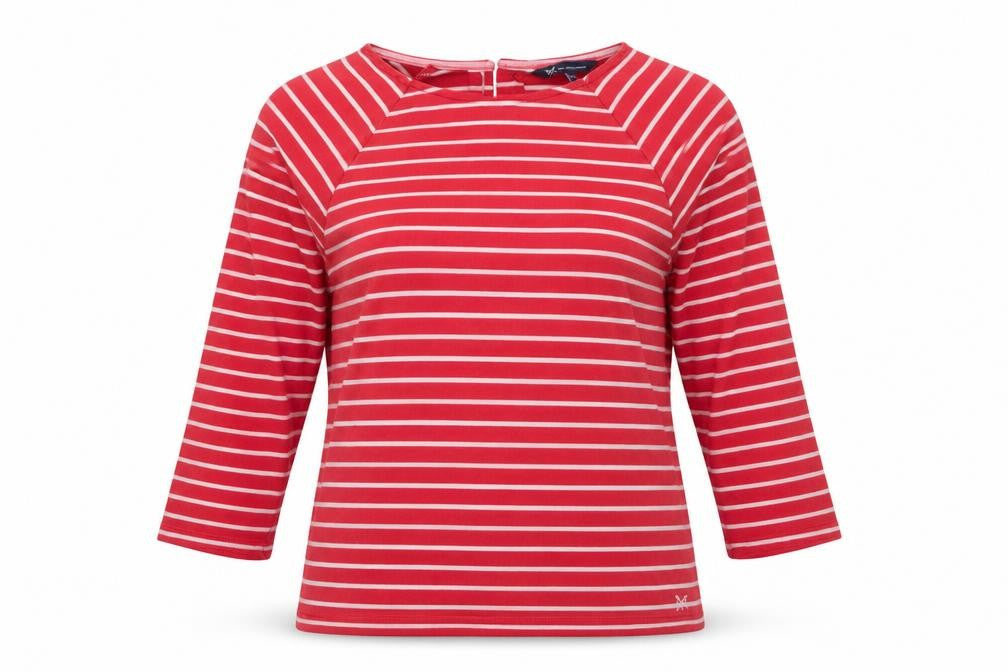 Crew Clothing Red Striped Cotton Basic T-Shirt Size 10 Boat Neck - Logo, Embroidered