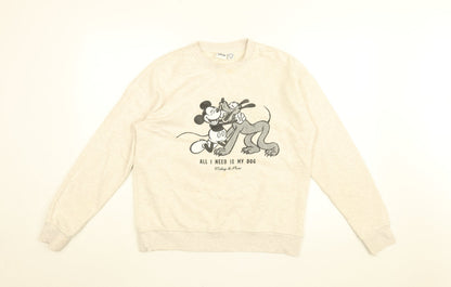 Preloved Disney Womens Beige Cotton Pullover Sweatshirt Size 2XS Pullover - Mickey Mouse and Pluto - Front