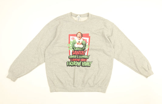 ELF Womens Grey Cotton Pullover Sweatshirt Size L Pullover - Elf, Santa's Coming!