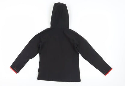 Back view of Oxylane girls’' black soft shell jacket, size 8, hooded