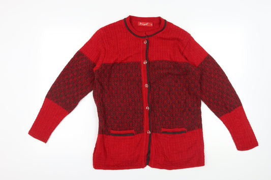 Priyal Red Wool Cardigan 2XL with Geometric Patterns