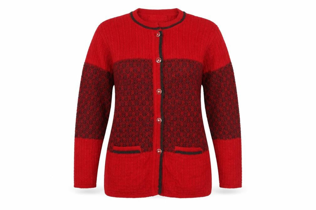 Priyal Red Wool Cardigan 2XL with Geometric Patterns