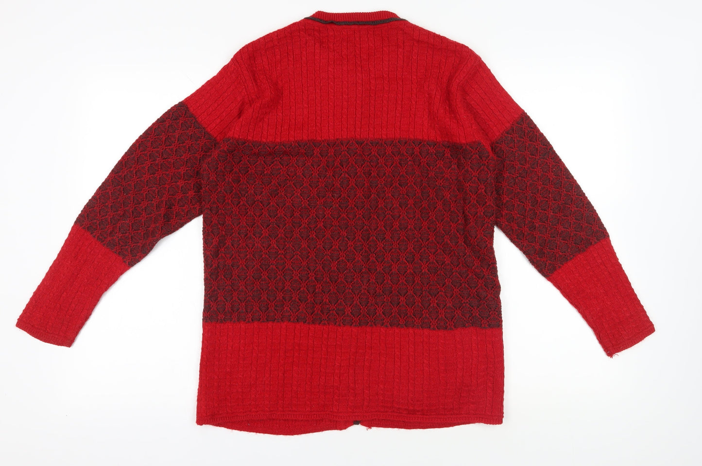 Priyal Red Wool Cardigan 2XL with Geometric Patterns