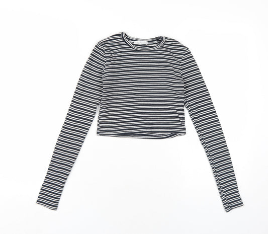Zara Womens Black Striped Cotton Cropped T-Shirt Size S Round Neck