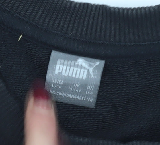 Brand and care label for Puma boys’ black logo sweatshirt 13-14 years