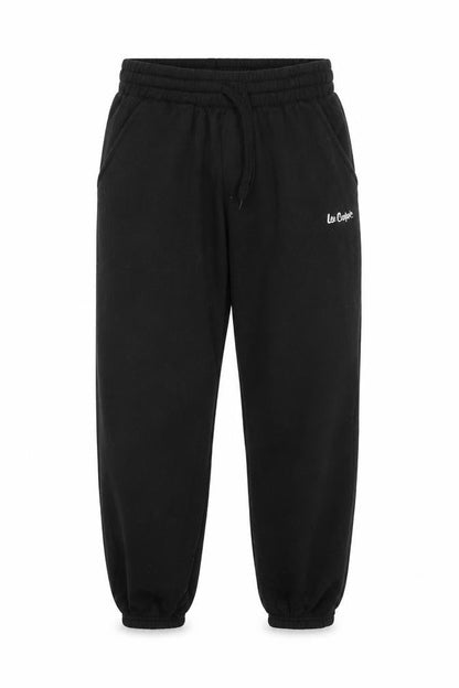Front view of Lee Cooper women’s black cotton jogger trousers, size L, 29.5-inch leg regular drawstring