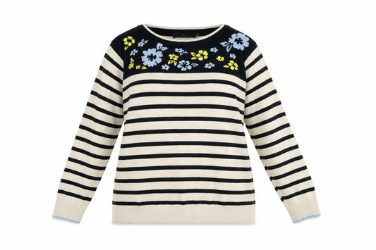 Isle Womens Grey Round Neck Striped Acrylic Pullover Jumper Size 18 - Floral Print