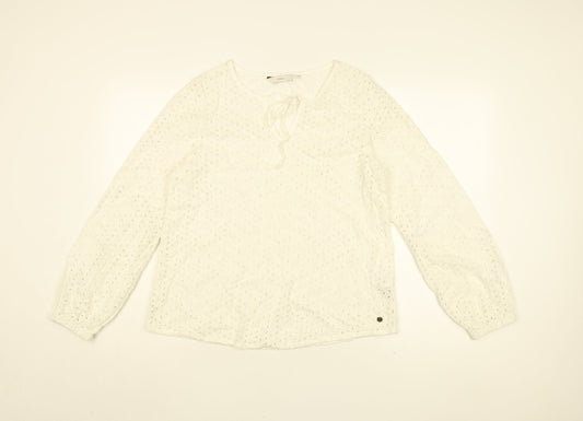 NUMPH Womens White Floral Cotton Basic Blouse Size 8 Round Neck