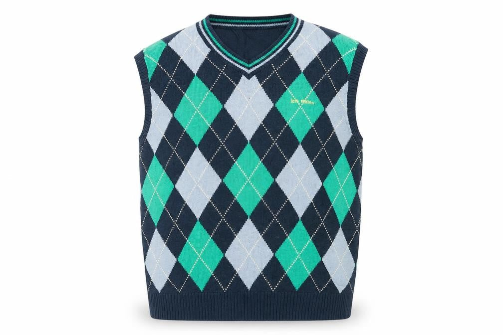Iets Frans Mens Blue V-Neck Argyle/Diamond Acrylic Pullover Jumper Size S Sleeveless