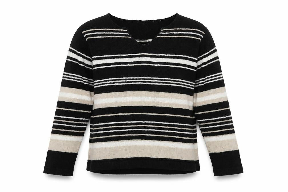 Villager Womens Black V-Neck Striped Ramie Pullover Jumper Size L