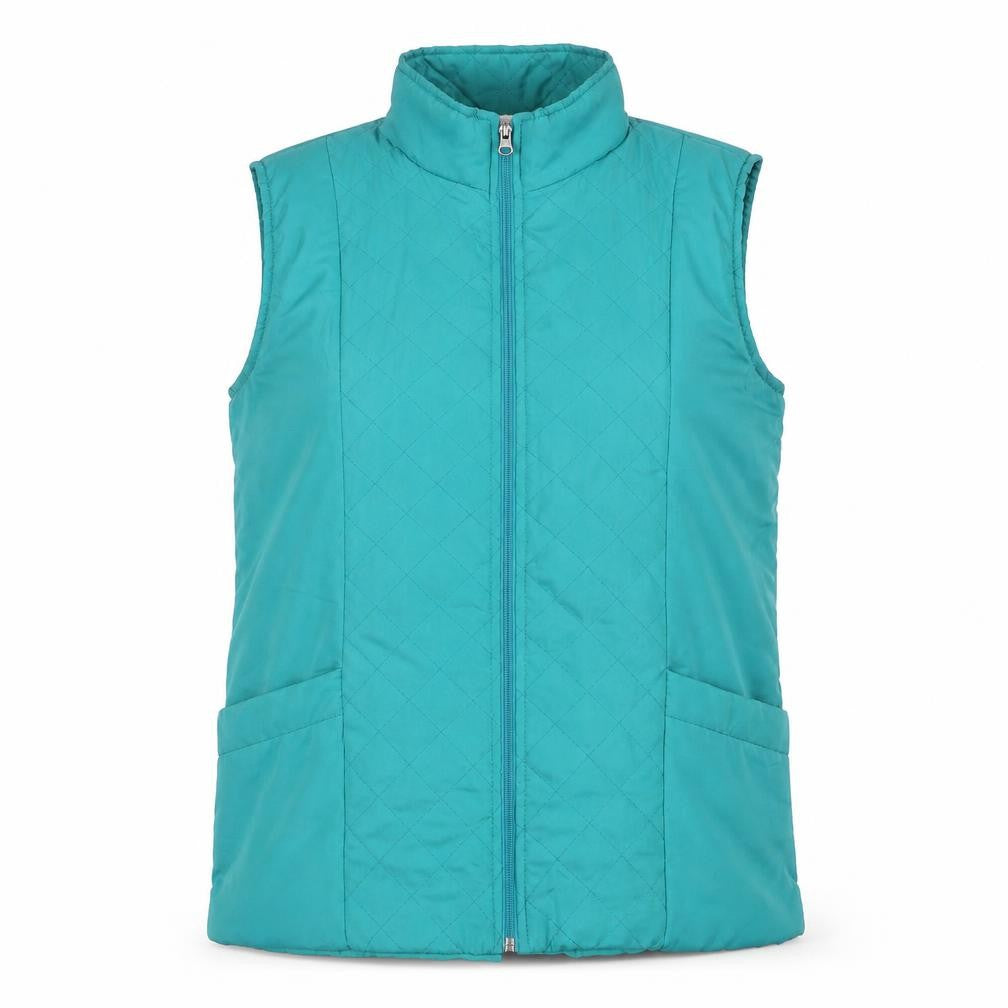Front view of Anne De Lancay women’s blue gilet jacket, size M, zip