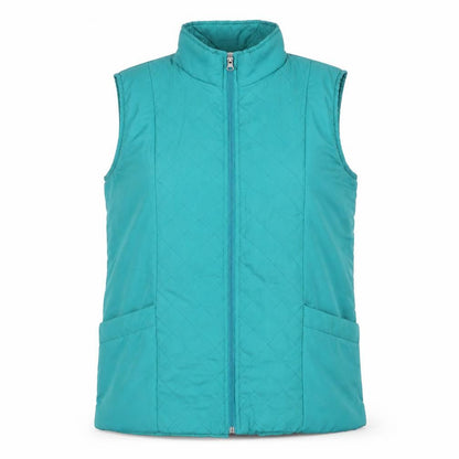 Front view of Anne De Lancay women’s blue gilet jacket, size M, zip