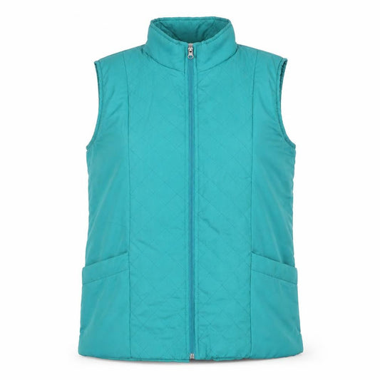 Front view of Anne De Lancay women’s blue gilet jacket, size M, zip