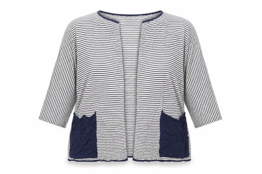 Front view of Masai women’s blue v-neck striped viscose cardigan jumper, size S, - open