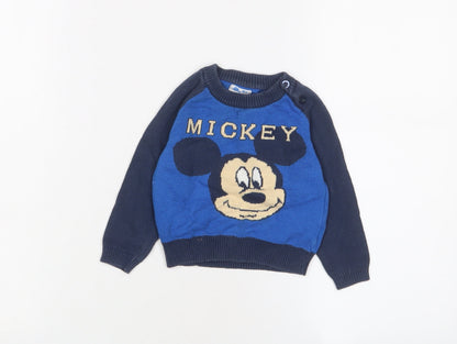 Front view of Mickey Mouse Baby Blue Cotton jumper, size 6-9, Months Button