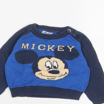 Close-up detail of Mickey Mouse Baby Blue Cotton jumper, size 6-9, Months Button