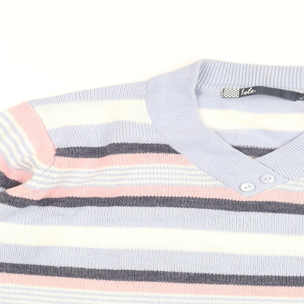 Isle Womens Blue V-Neck Striped Acrylic Pullover Jumper Size 14 - Size 14-16