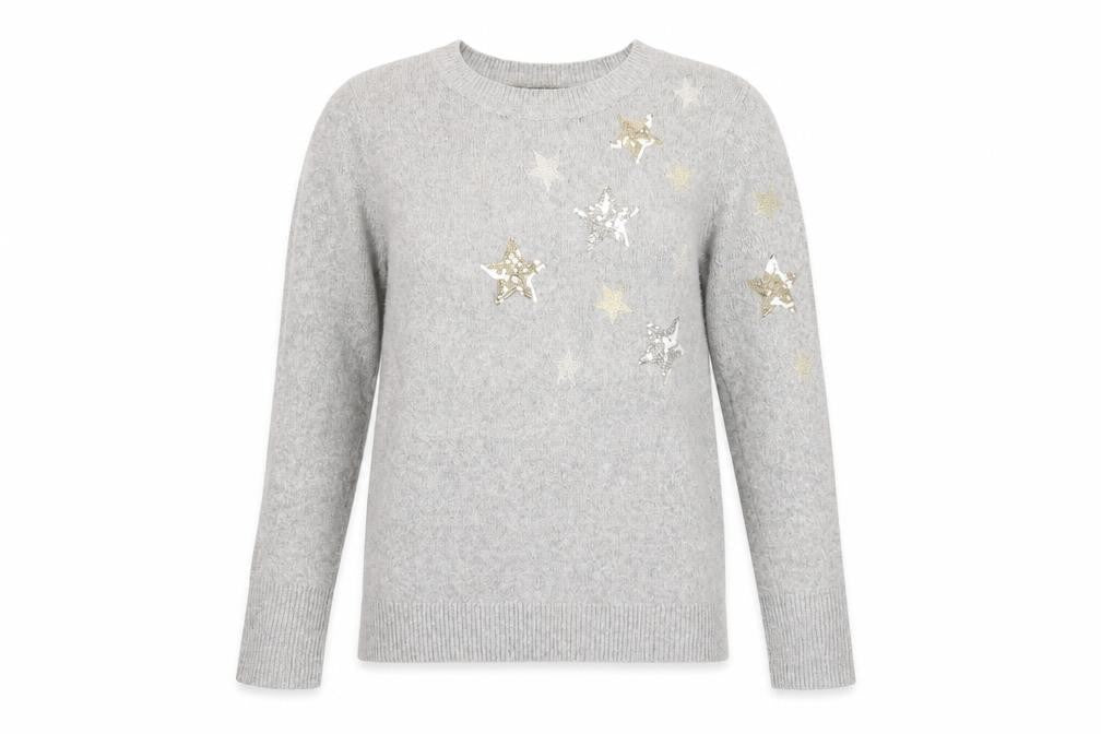Oasis Womens Grey Round Neck Geometric Polyester Pullover Jumper Size S - Star print