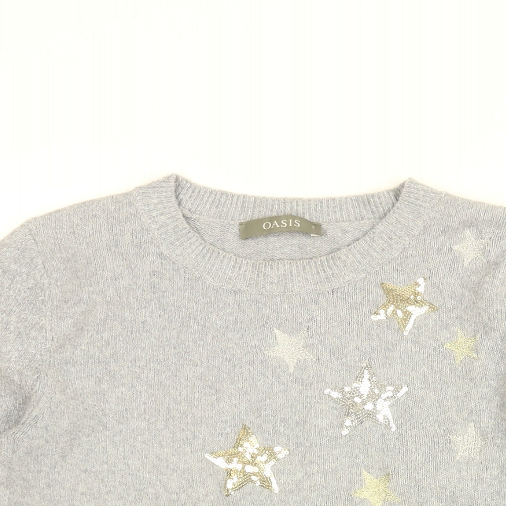 Oasis Womens Grey Round Neck Geometric Polyester Pullover Jumper Size S - Star print
