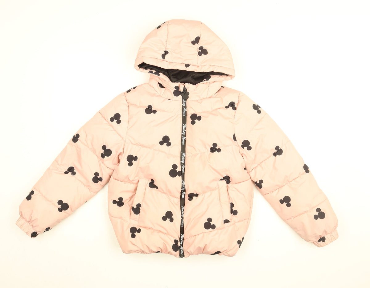 Additional front view of Disney girls’ pink geometric puffer jacket coat, size 10-11, years zip - mickey mouse