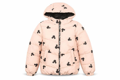 Front view of Disney girls’ pink geometric puffer jacket coat, size 10-11, years zip - mickey mouse