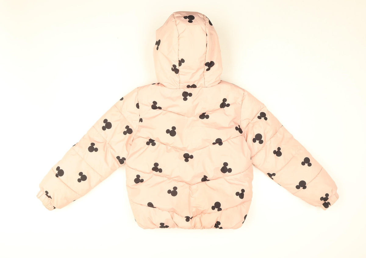 Back view of Disney girls’ pink geometric puffer jacket coat, size 10-11, years zip - mickey mouse