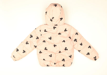 Back view of Disney girls’ pink geometric puffer jacket coat, size 10-11, years zip - mickey mouse