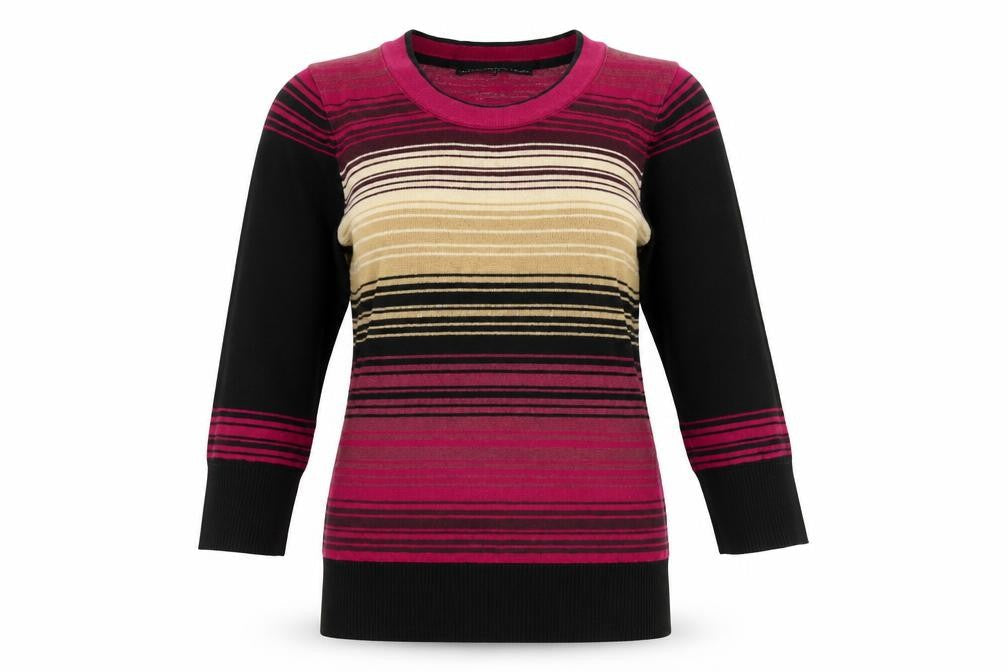 Betty Jackson Black Womens Multicoloured Striped Cotton Basic T-Shirt Size 8 Round Neck