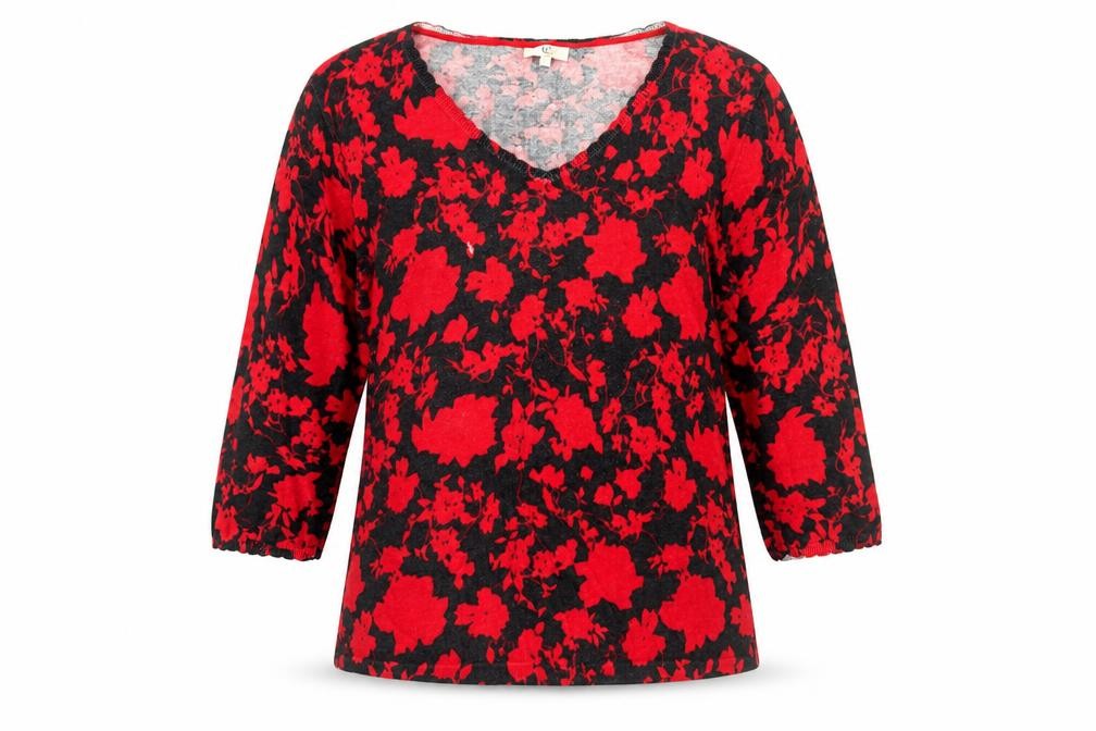 Country Casuals Womens Black Floral Cotton Basic T-Shirt Size L V-Neck