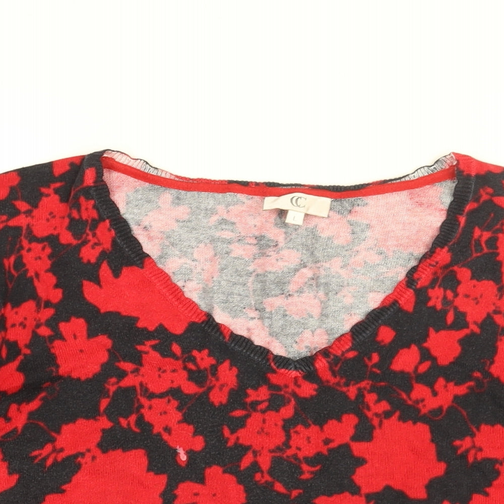 CC Womens Black Floral Cotton Basic T-Shirt Size L V-Neck