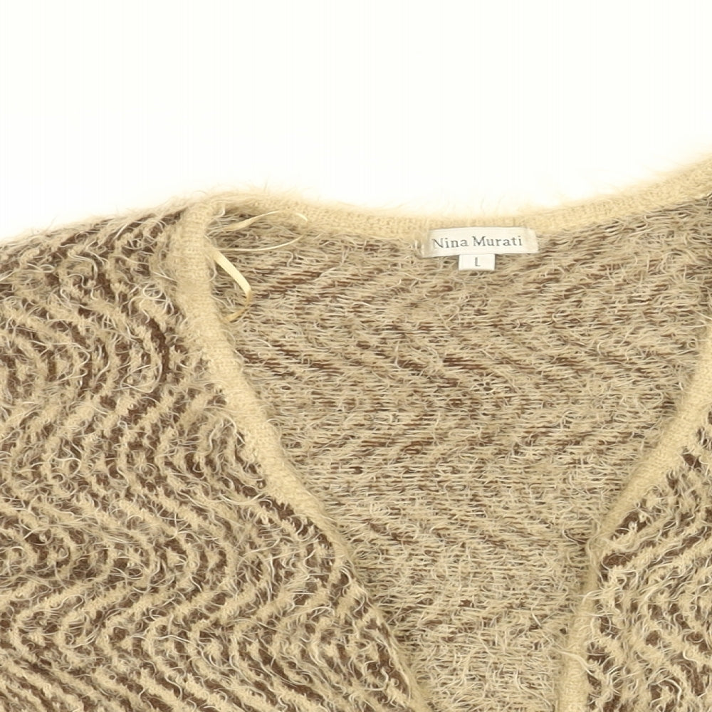 Nina Murati Womens Brown V-Neck Geometric Nylon Cardigan Jumper Size L