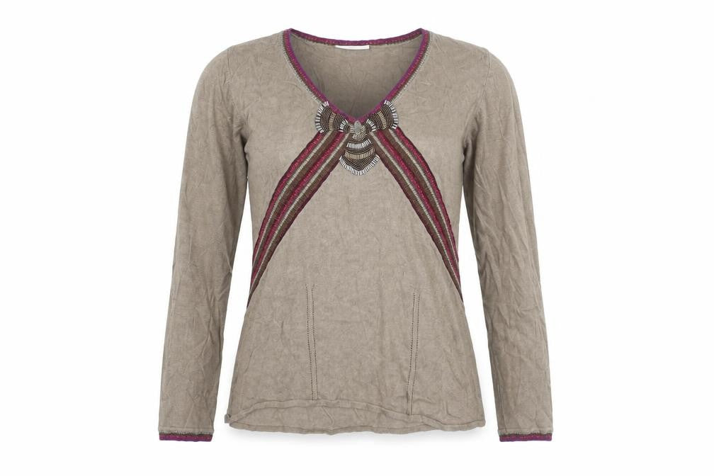 Minosa Womens Brown Geometric Viscose Basic T-Shirt Size L V-Neck