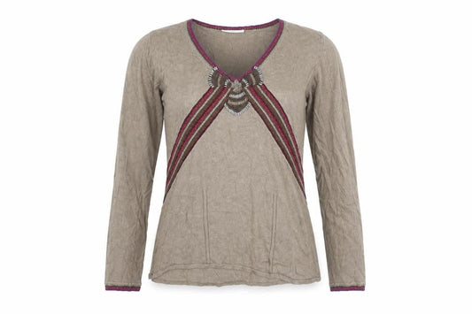 Minosa Womens Brown Geometric Viscose Basic T-Shirt Size L V-Neck