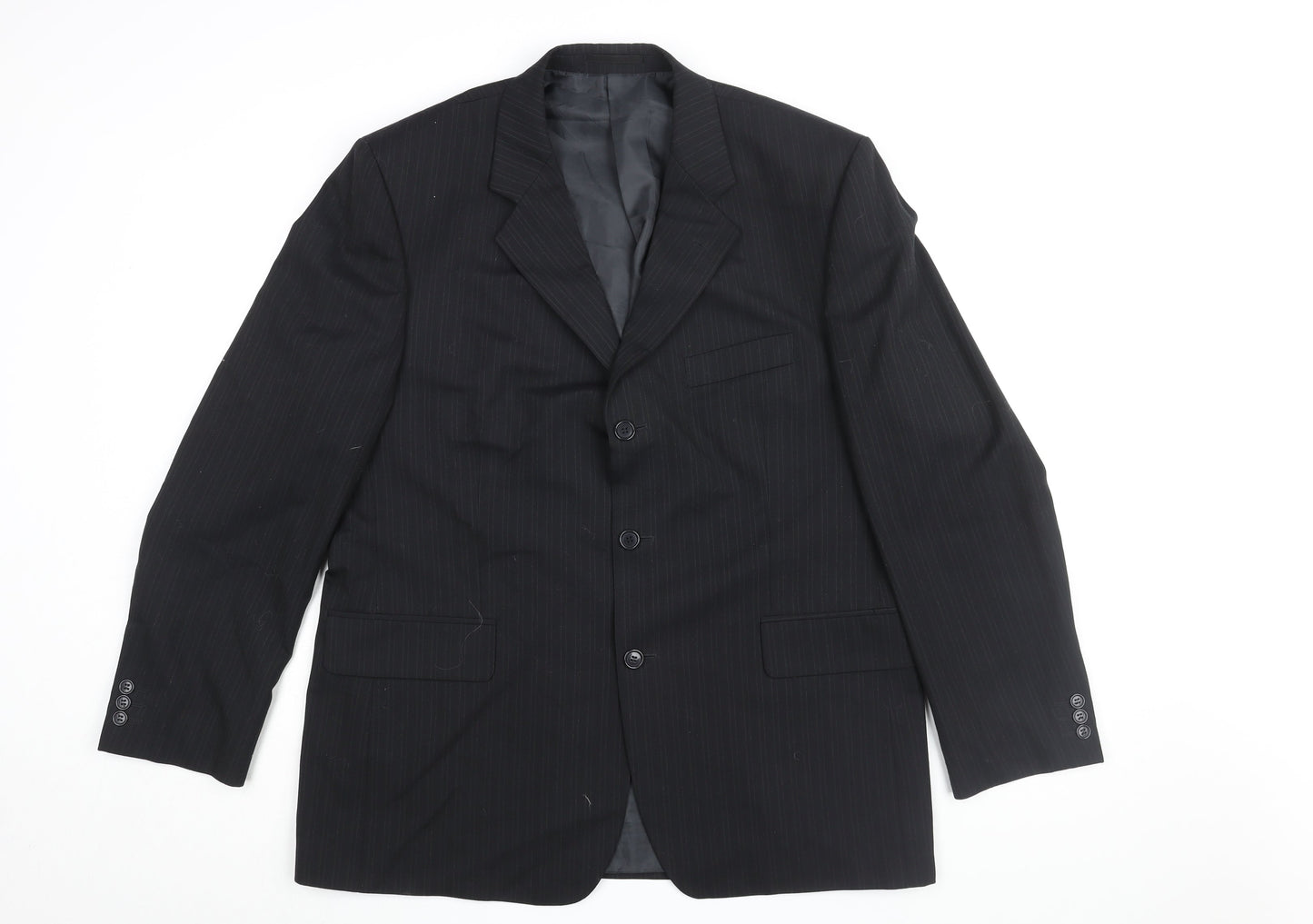 Pinstripe Mens Black Striped Polyester Jacket Suit Jacket Size 44 Regular