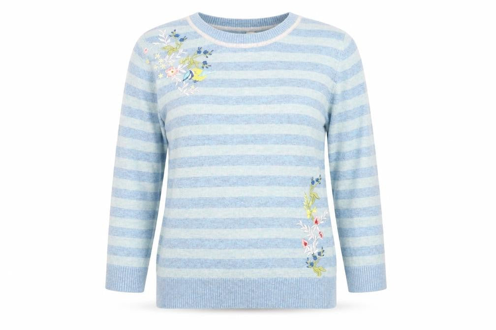 Yumi Womens Blue Round Neck Striped Polyamide Pullover Jumper Size 14 - Floral Embroidery