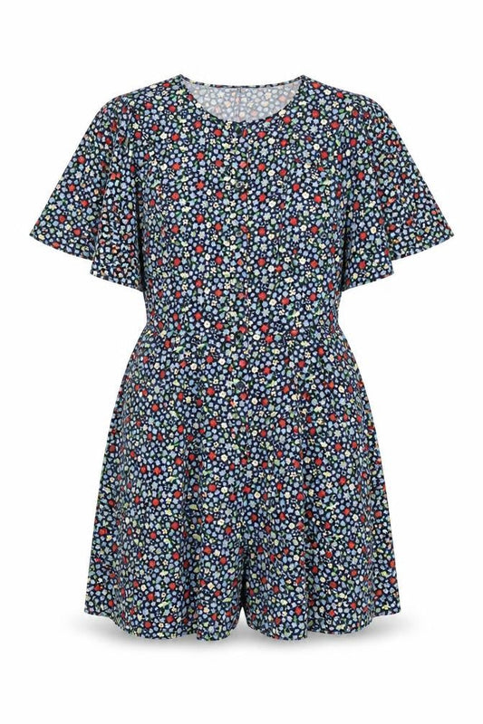 Front view of French Connection women’s black floral polyester playsuit one-piece, size UK 10, 5-inch leg button