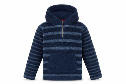 Front view of FatFace girls’ blue striped fleece hoodie, size 9-10, yrs