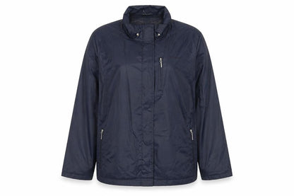 Front view of Maine New England women’s blue rain coat jacket, size UK 20, zip