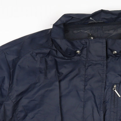 Close-up detail of Maine New England women’s blue rain coat jacket, size UK 20, zip