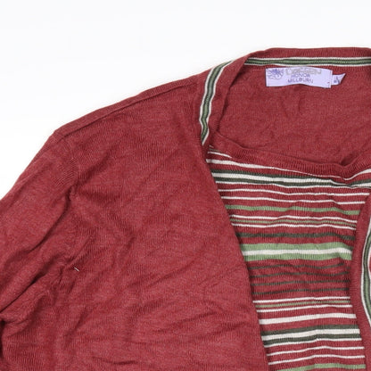 Close-up detail of Honor Milllburn women’s multicoloured scoop neck striped acrylic jumper, size L, - layered effect