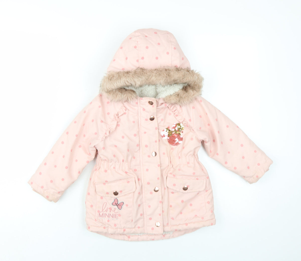Disney Girls Pink Polka Dot Parka Coat Size 18-24 Months Zip - Minne Mouse