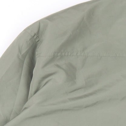 Brand and care label for French Connection men’s green jacket, size S, snap