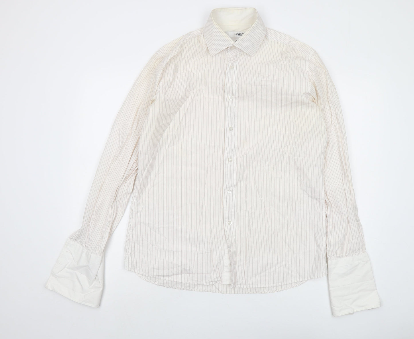Ungaro Mens Ivory Striped Cotton Button-Up Size 16 Collared Button