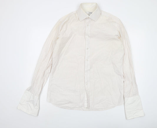 Ungaro Mens Ivory Striped Cotton Button-Up Size 16 Collared Button