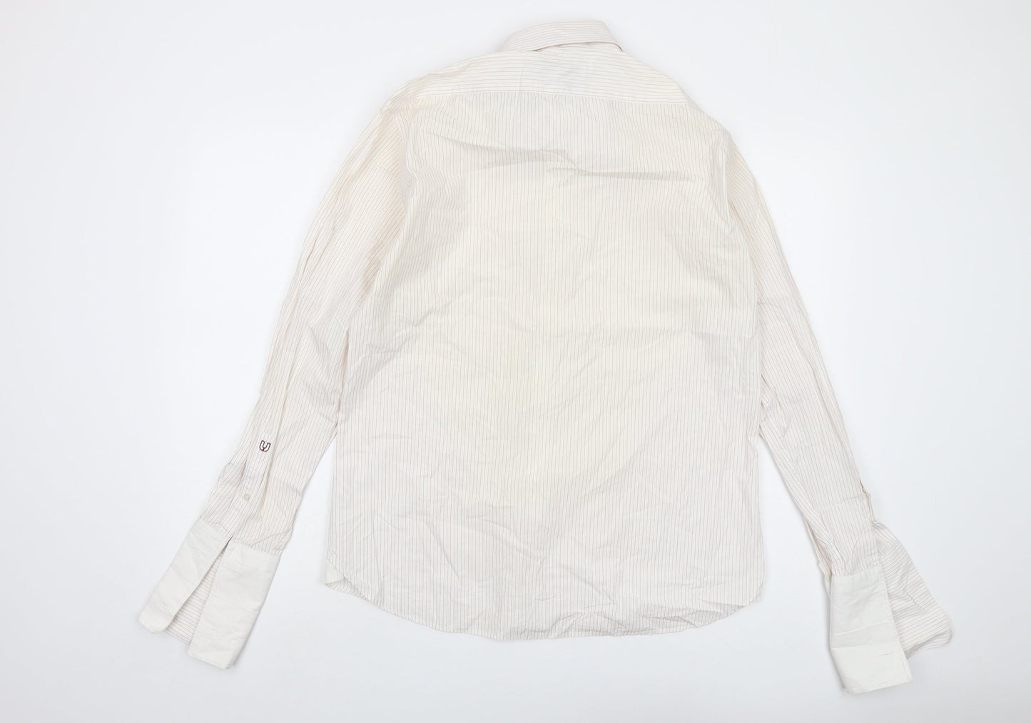 Ungaro Mens Ivory Striped Cotton Button-Up Size 16 Collared Button