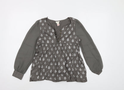 Additional front view of Monsoon girls’ grey geometric cotton basic blouse, size 10-11, years v-neck button