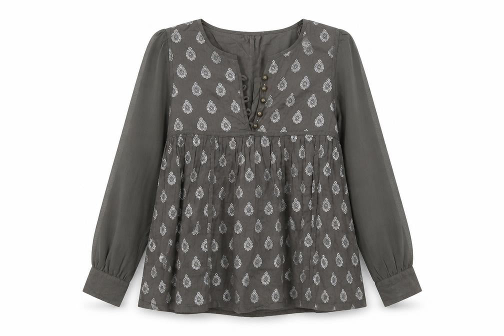 Monsoon Girls Grey Geometric Cotton Basic Blouse Size 10-11 Years V-Neck Button