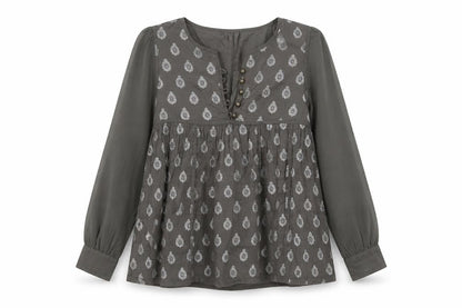Front view of Monsoon girls’ grey geometric cotton basic blouse, size 10-11, years v-neck button