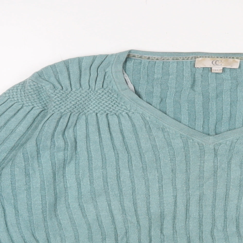 Cc Womens Blue V-Neck Viscose Pullover Jumper Size XL - Embroidered